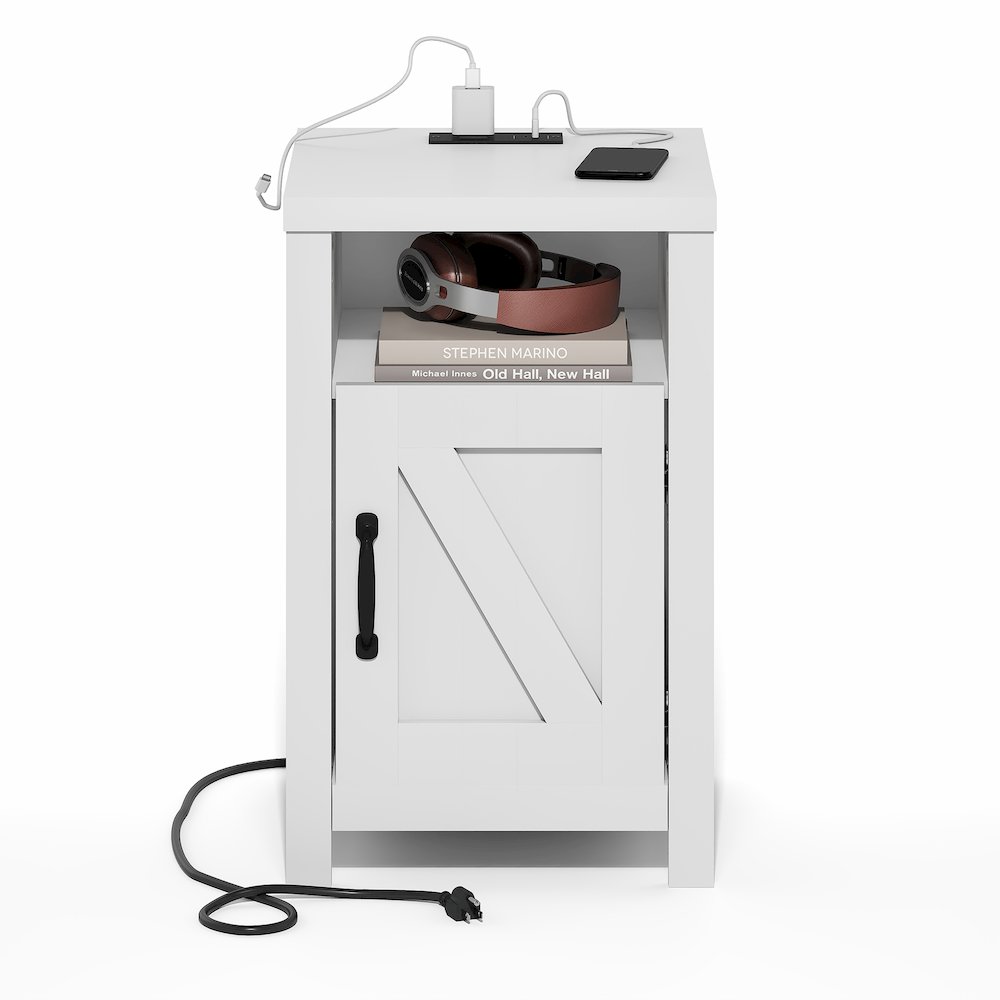 Night stand with Charging Station, Door, USB Ports and Outlets, White. Picture 5