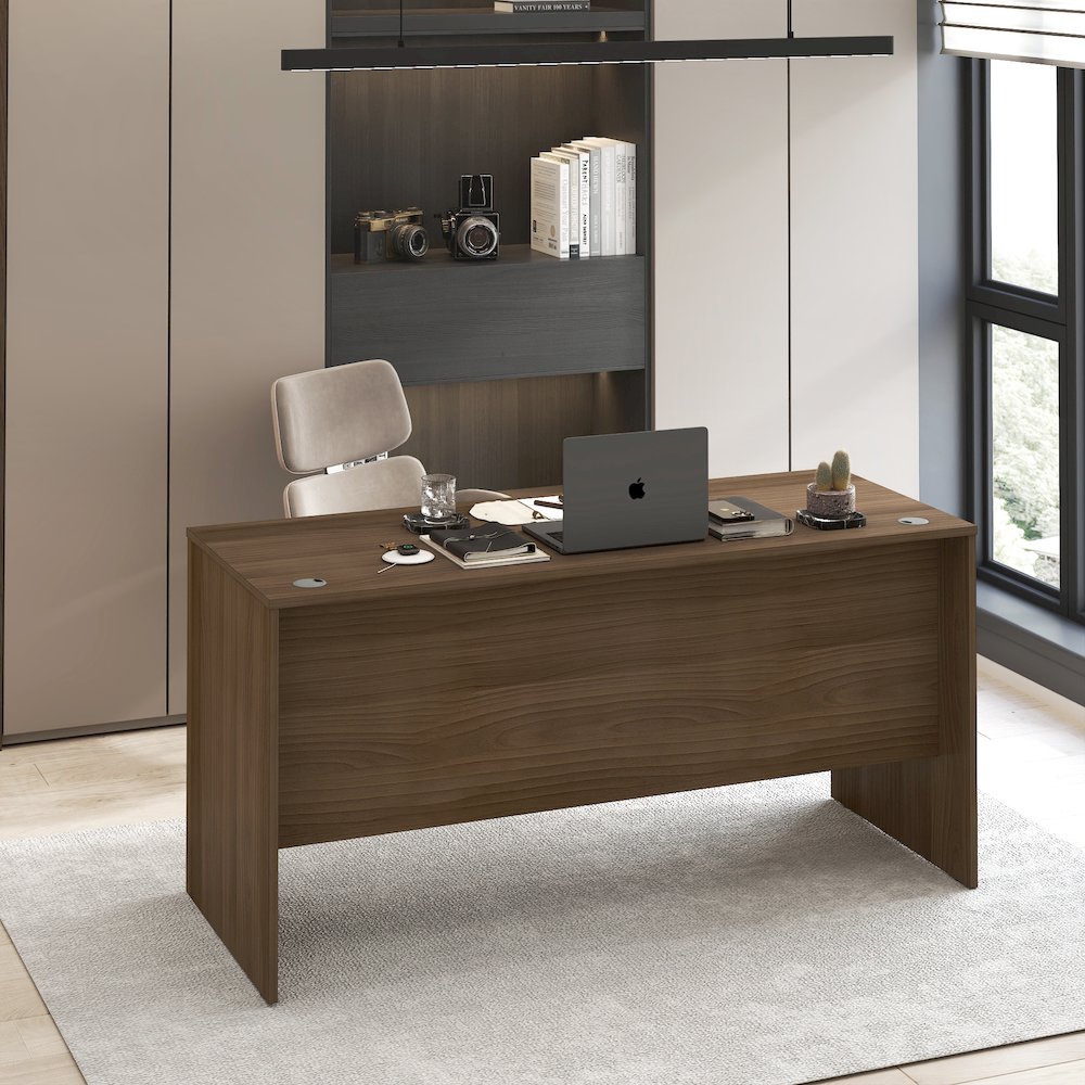 60 Inch Rectangular Executive Desk with Modesty Panel, Modern Walnut. Picture 6