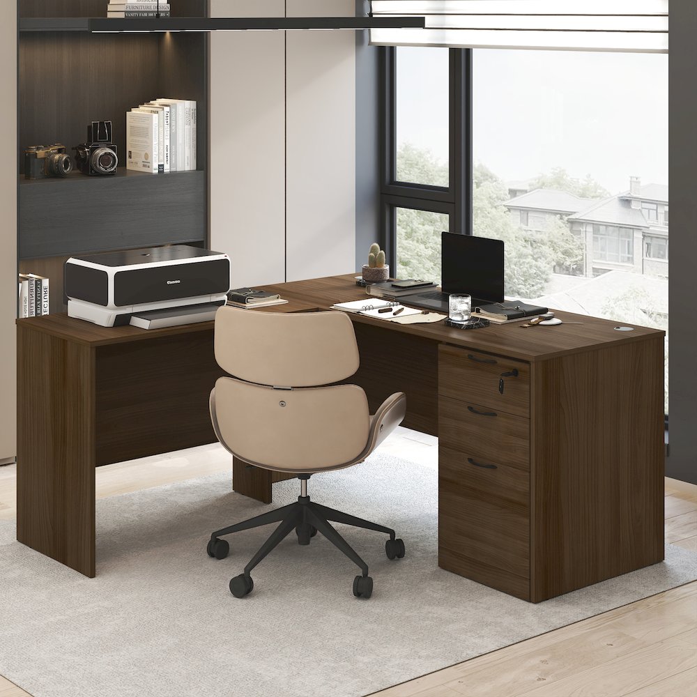 60 Inch Rectangular Executive Desk with Modesty Panel, Modern Walnut. Picture 7