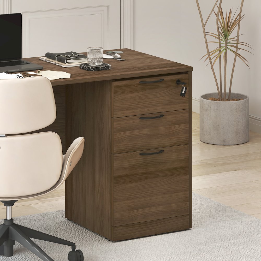 3-Drawer Fixed Pedestal Filing Cabinet, Soft-Close Drawers, Modern Walnut. Picture 8