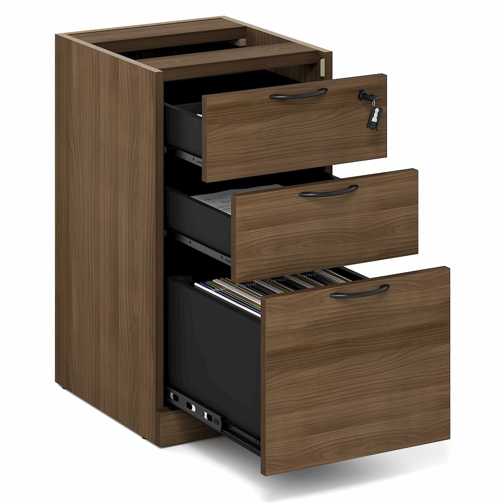 3-Drawer Fixed Pedestal Filing Cabinet, Soft-Close Drawers, Modern Walnut. Picture 4