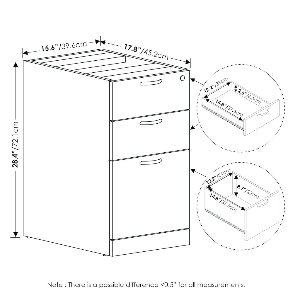 3-Drawer Fixed Pedestal Filing Cabinet with Lock,Soft-Close Drawers,Coastal Grey. Picture 10