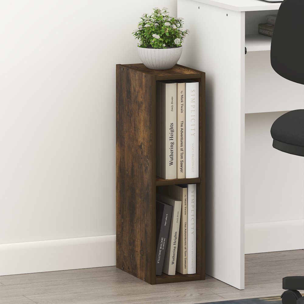 2-Tier Narrow Bookshelf, Bookcase with 6-In Width Storage Shelf, Amber Pine. Picture 4