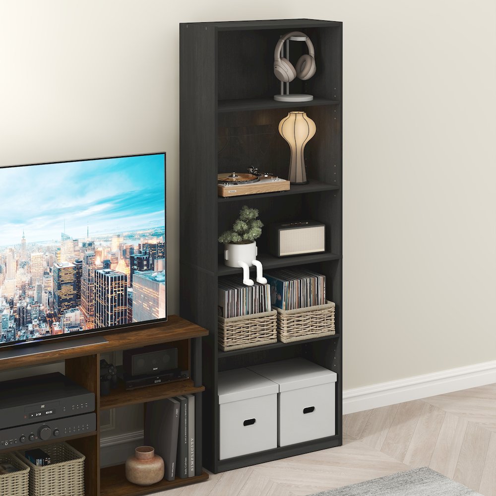5-Tier Media Storage, CD DVD Media Tower, with Adjustable Shelves, Blackwood. Picture 4
