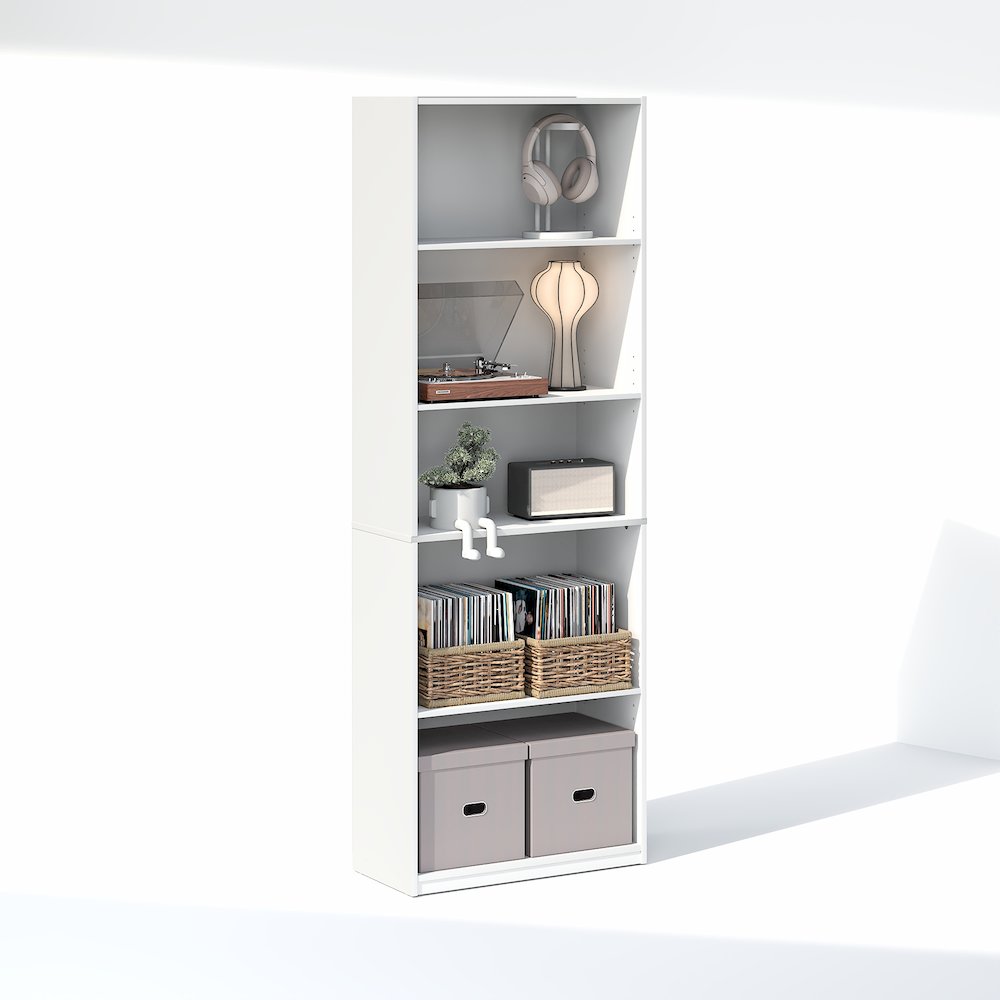 GEHRY 5-Tier Media Storage, CD DVD Media Tower, with Adjustable Shelves, White. Picture 3