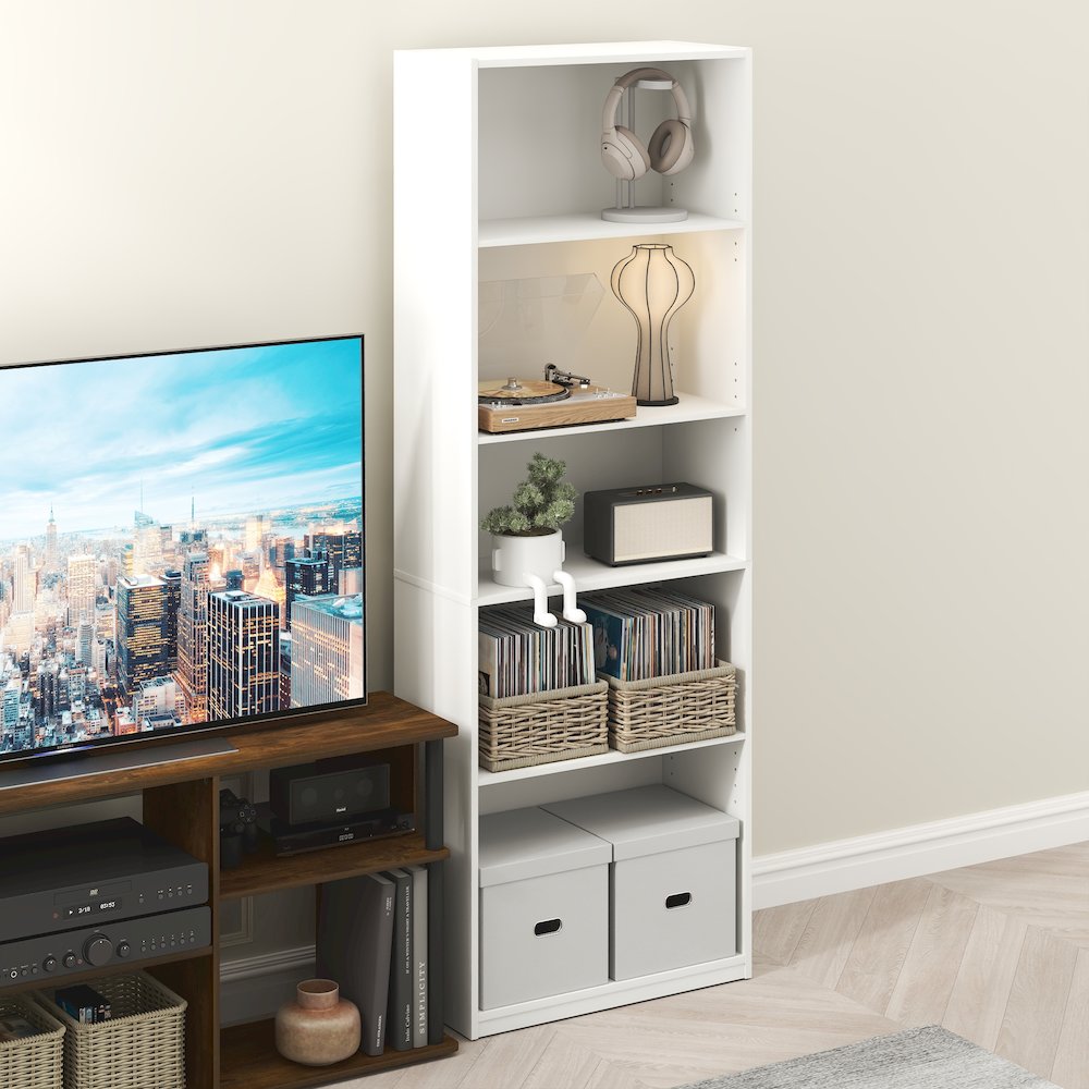 GEHRY 5-Tier Media Storage, CD DVD Media Tower, with Adjustable Shelves, White. Picture 4