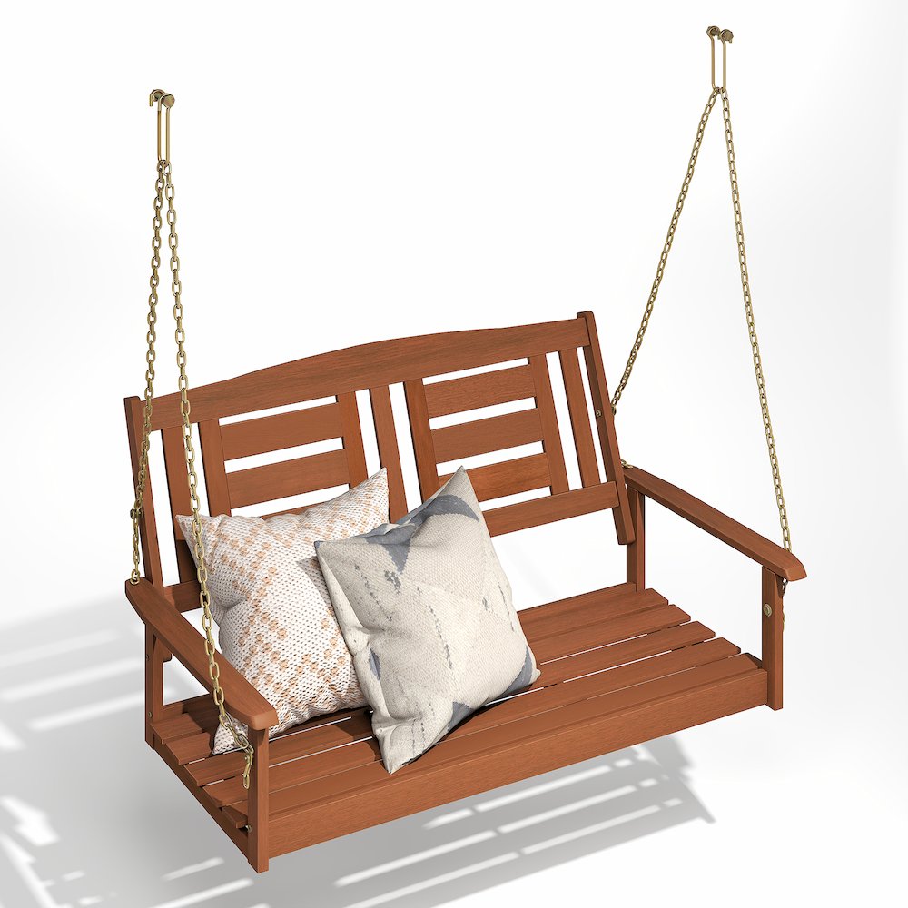 2-Seater Outdoor Hanging Wooden Swing with Chain in Teak Oil, Light Wood. Picture 3