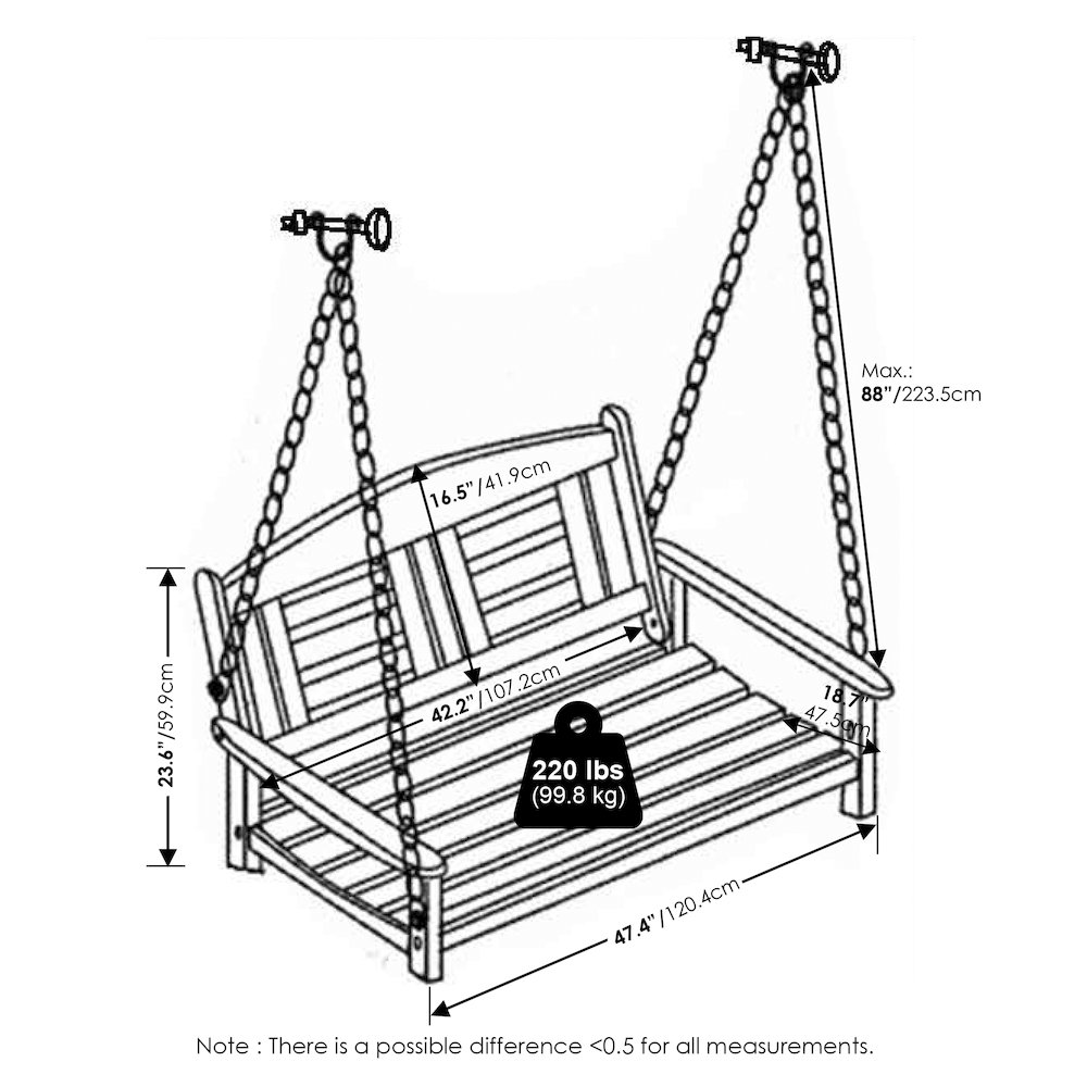 2-Seater Outdoor Hanging Wooden Swing with Chain in Teak Oil, Light Wood. Picture 7