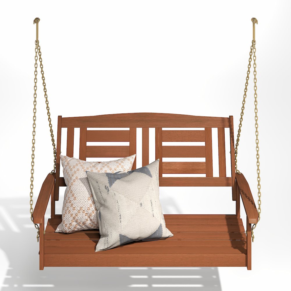2-Seater Outdoor Hanging Wooden Swing with Chain in Teak Oil, Light Wood. Picture 4