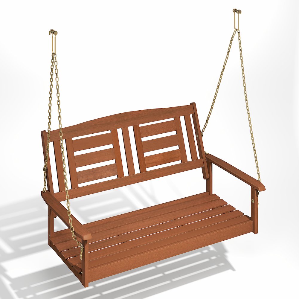 2-Seater Outdoor Hanging Wooden Swing with Chain in Teak Oil, Light Wood. Picture 1