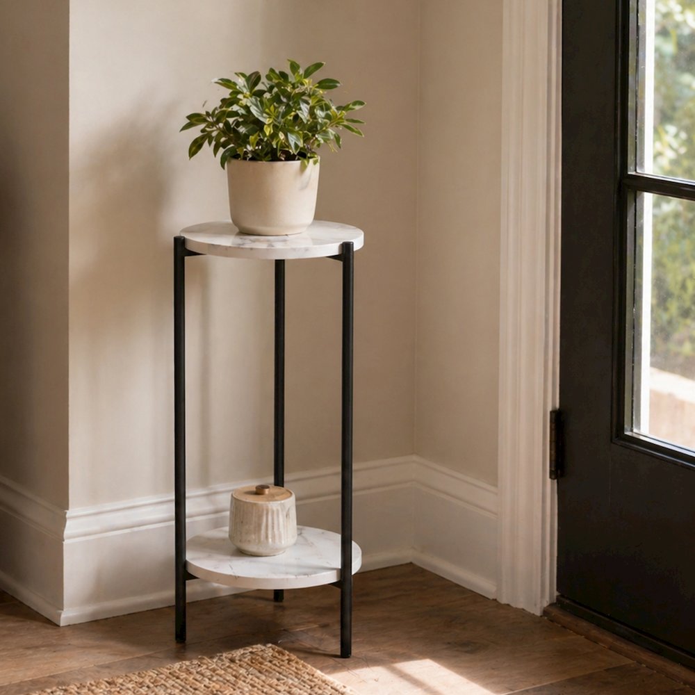 BESI Plant Stand Indoor Outdoor, 2-Tier Round, Marble White. Picture 2