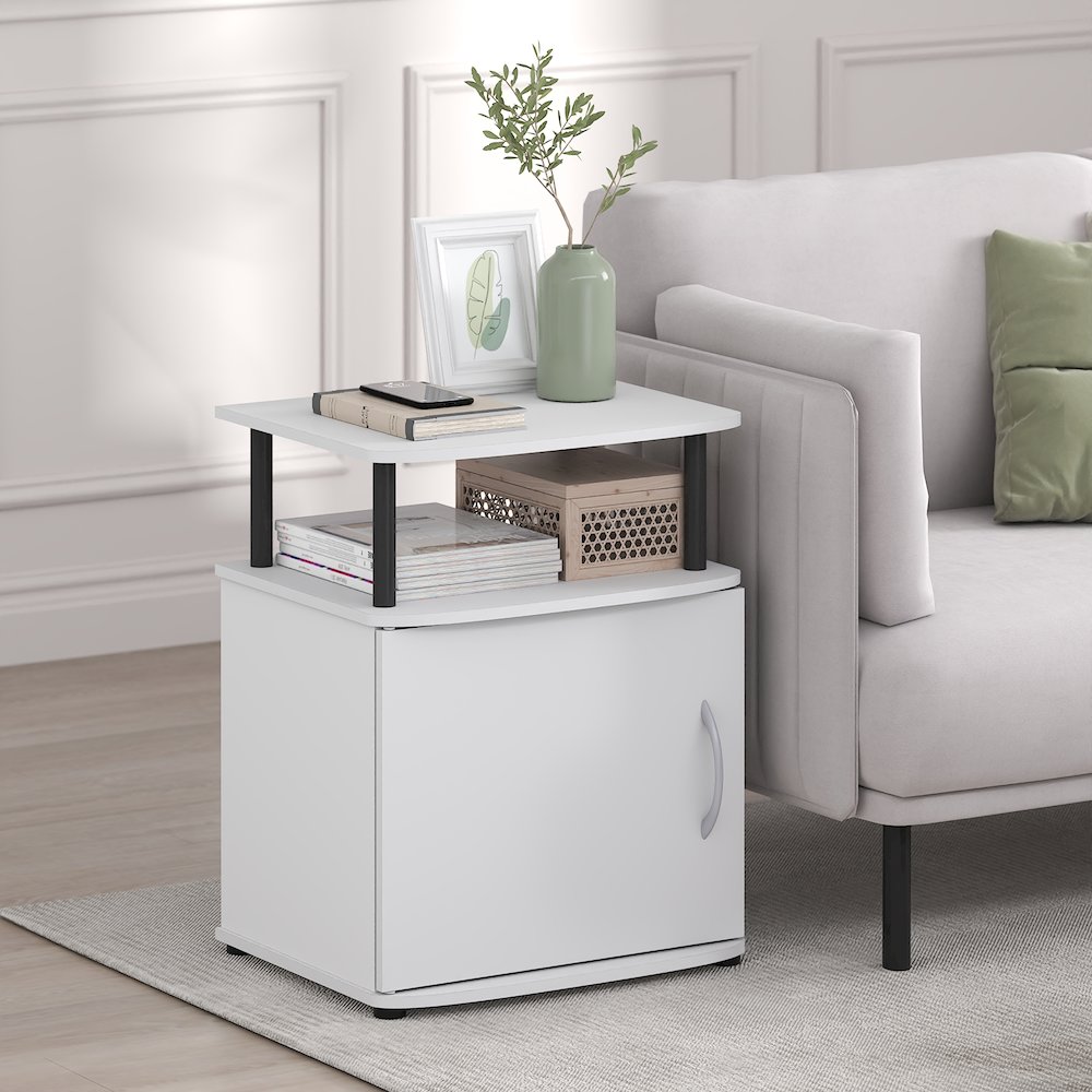 2-Tier Open Shelf End Table with Door Cabinet for Living Room, Bedroom, White. Picture 3