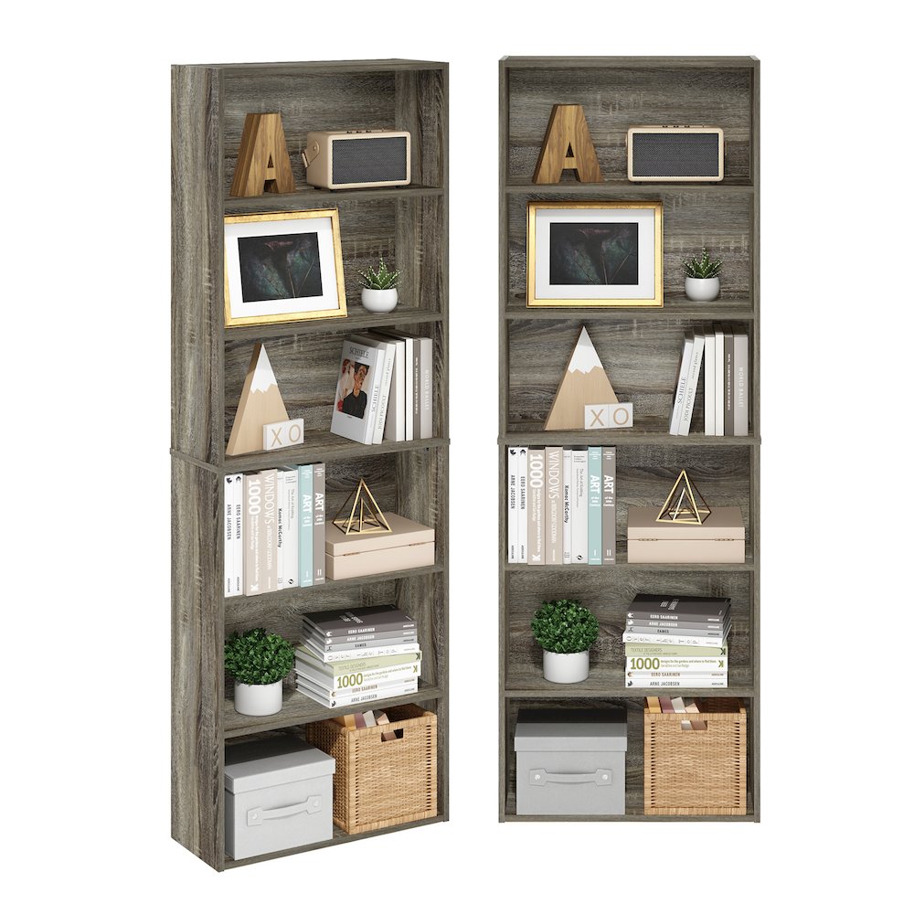 JAYA Book Shelf Set of 2, 6-Tier Bookshelf, Bookcase, French Oak. Picture 2