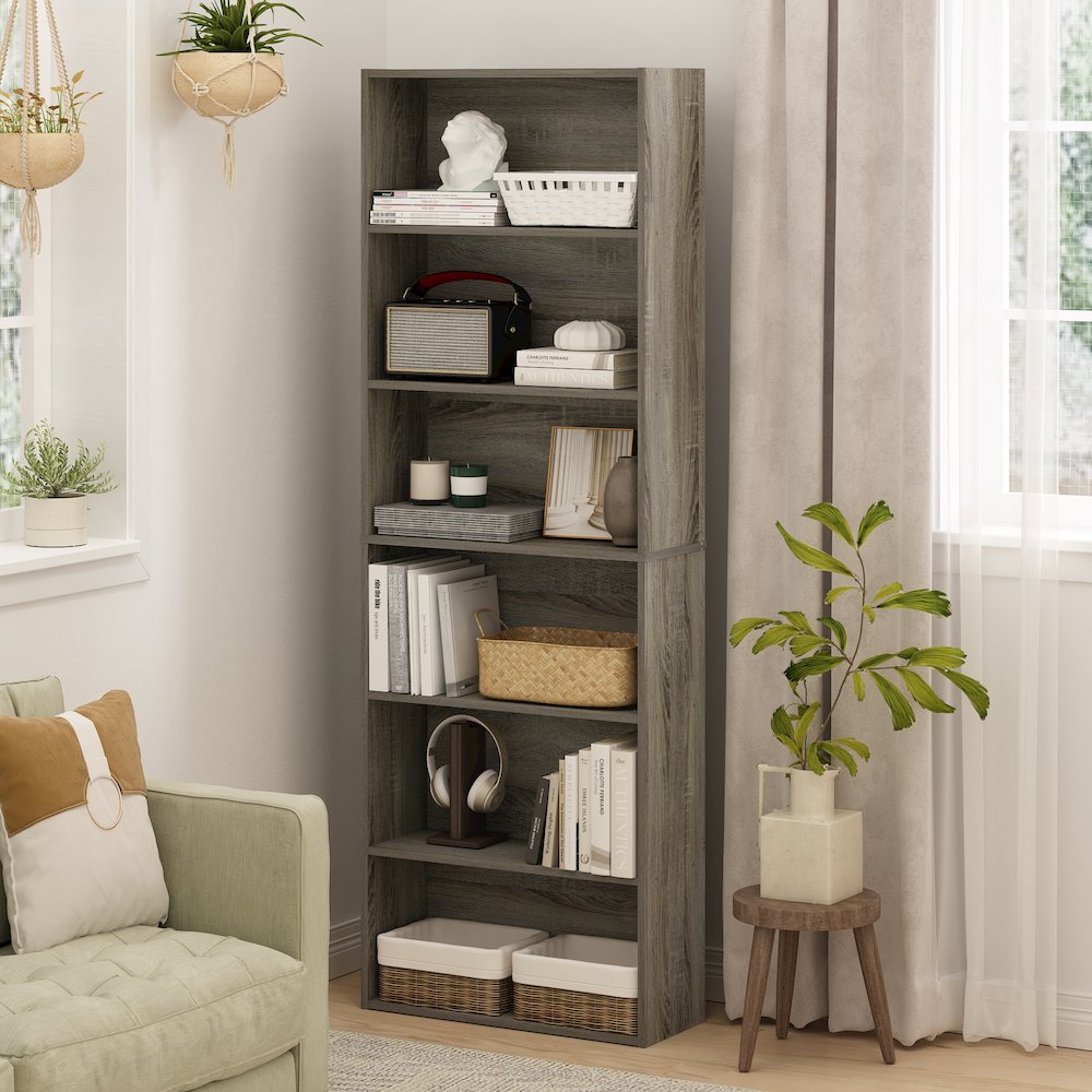 JAYA Book Shelf Set of 2, 6-Tier Bookshelf, Bookcase, French Oak. Picture 3