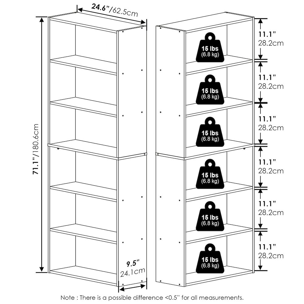 JAYA Book Shelf Set of 2, 6-Tier Bookshelf, Bookcase, French Oak. Picture 4