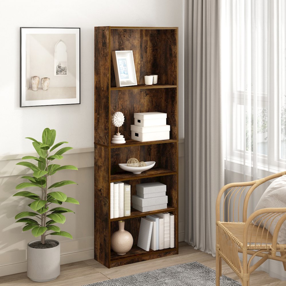 JAYA Book Shelf Set of 2, 5-Tier Bookshelf, with Adjustable Shelf, Amber Pine. Picture 3