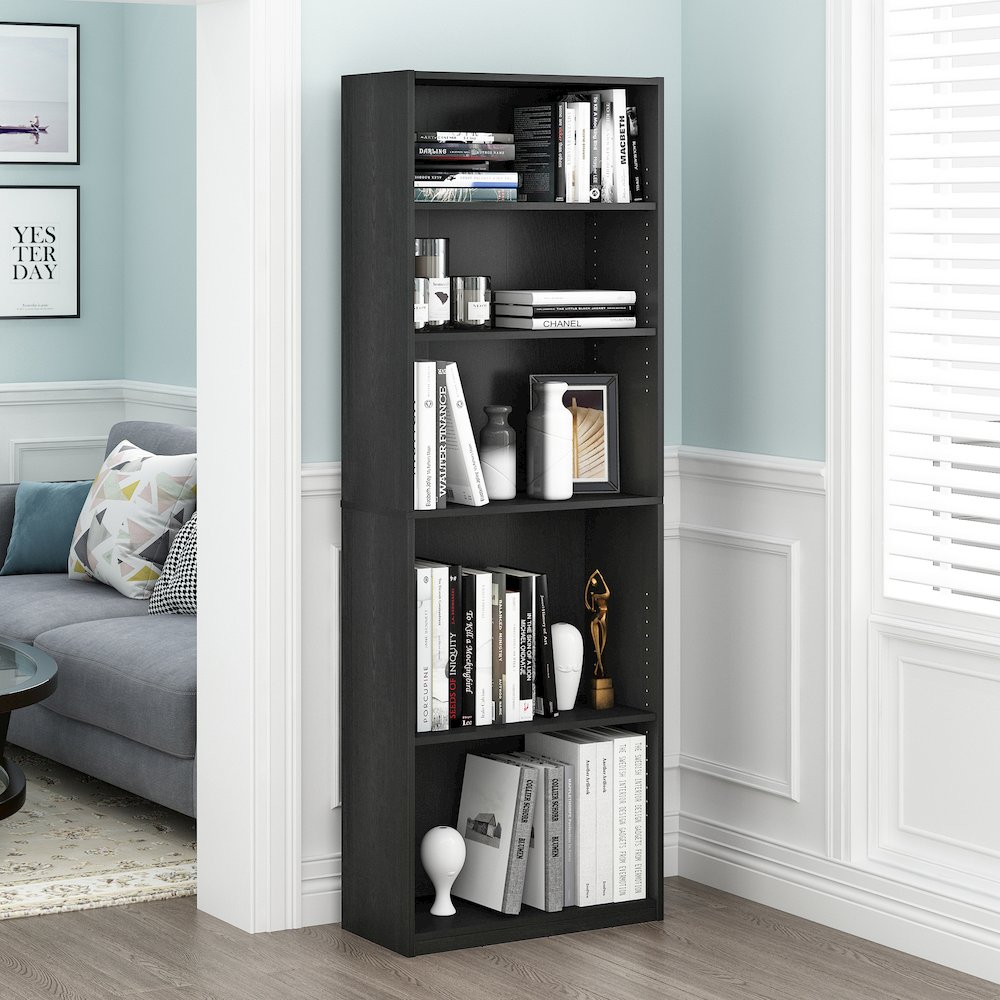 JAYA Book Shelf Set of 2, 5-Tier Bookshelf, with Adjustable Shelf, Black. Picture 4