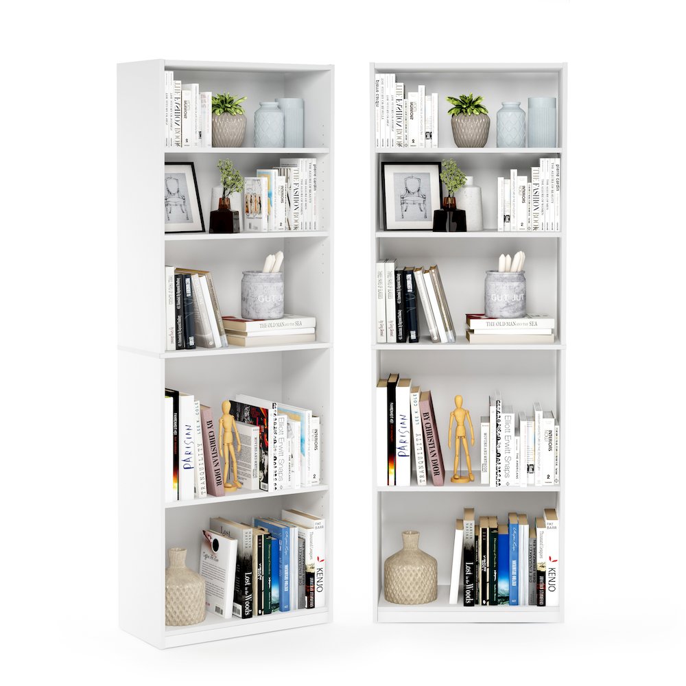 JAYA Book Shelf Set of 2, 5-Tier Bookshelf, with Adjustable Shelf, White. Picture 3