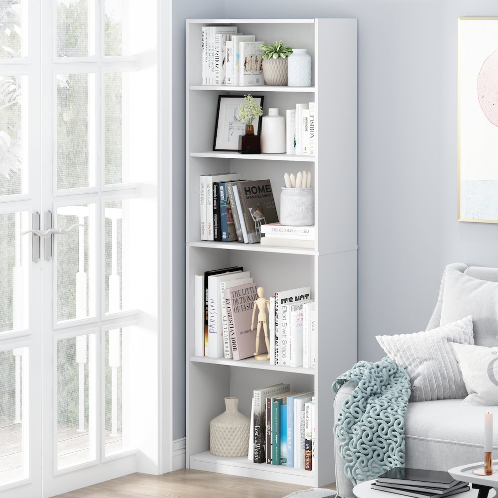 JAYA Book Shelf Set of 2, 5-Tier Bookshelf, with Adjustable Shelf, White. Picture 5