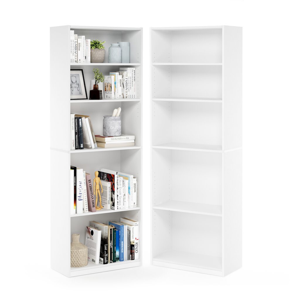 JAYA Book Shelf Set of 2, 5-Tier Bookshelf, with Adjustable Shelf, White. Picture 2
