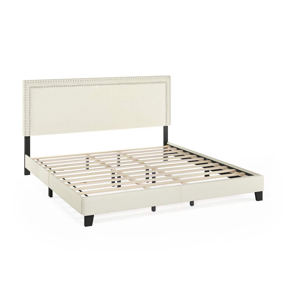 King Size Bedframe with Button Double Row Nail Head Headboard, Light Beige. Picture 1