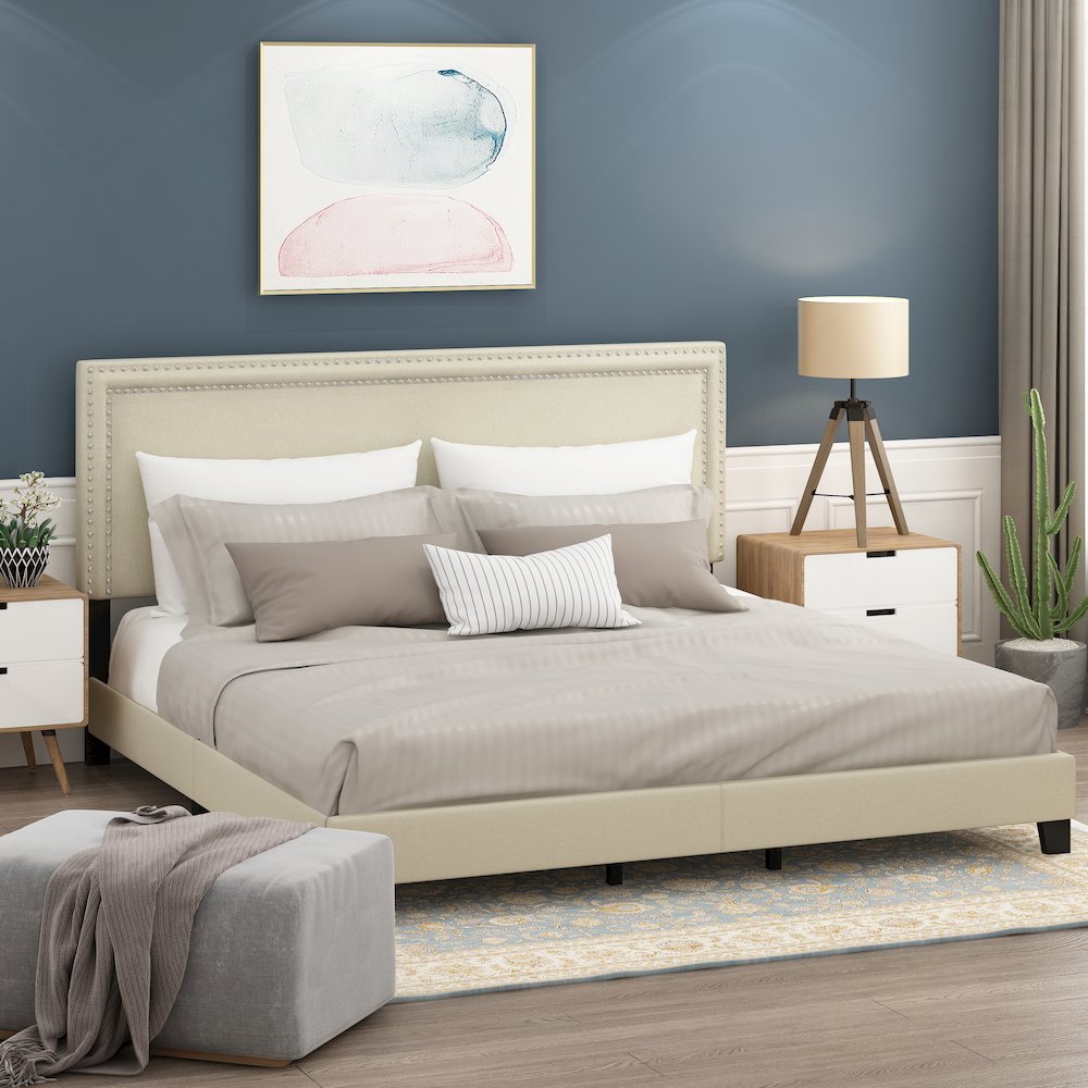 King Size Bedframe with Button Double Row Nail Head Headboard, Light Beige. Picture 3