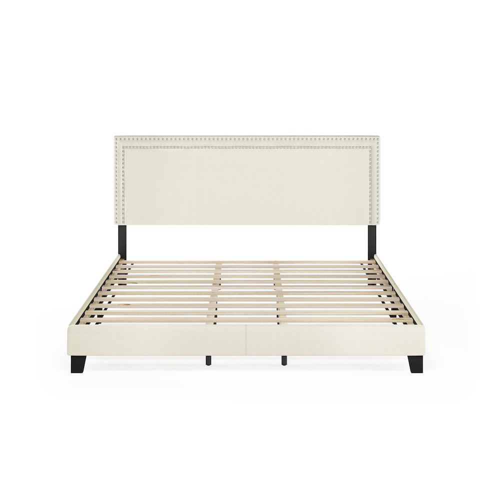 King Size Bedframe with Button Double Row Nail Head Headboard, Light Beige. Picture 2