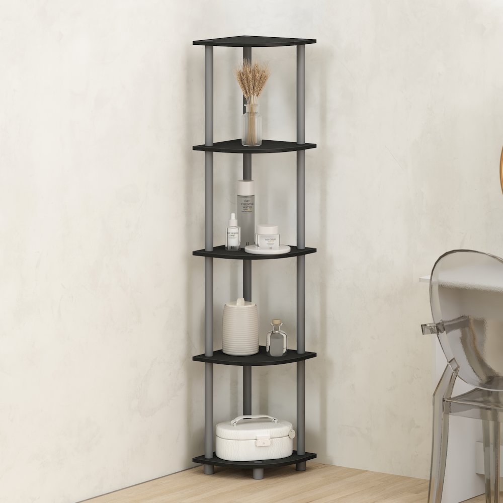 Corner Shelf, 5-Tier Corner Display Rack, Shelving Unit, Plain Black. Picture 4