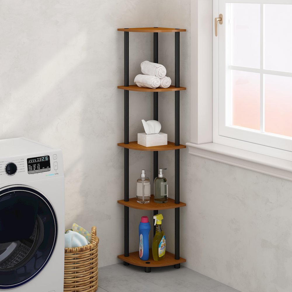 Corner Shelf, 5-Tier Corner Display Rack, Shelving Unit, Light Cherry Oak. Picture 5
