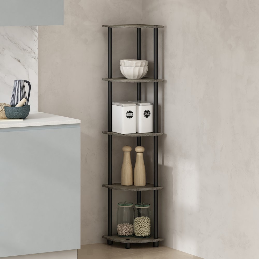 Corner Shelf, 5-Tier Corner Display Rack, Shelving Unit, Grey Oak. Picture 5