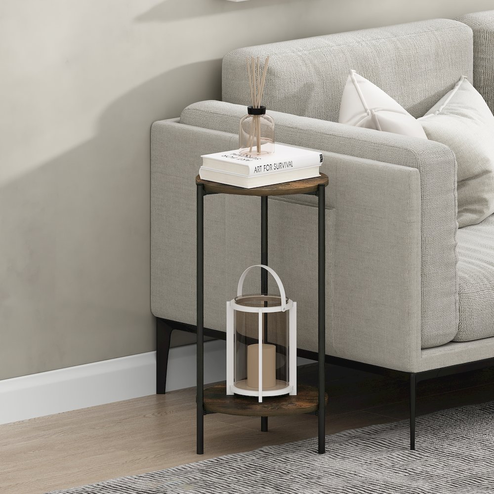 BESI Side Table, 2-Tier Tall Round Narrow End Table with Metal Legs. Picture 2