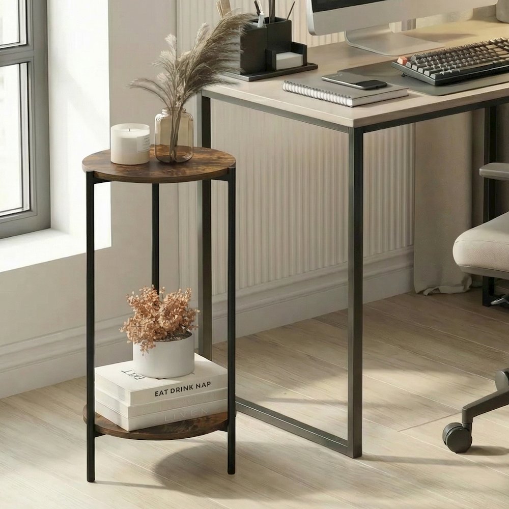 BESI Side Table, 2-Tier Tall Round Narrow End Table with Metal Legs. Picture 5