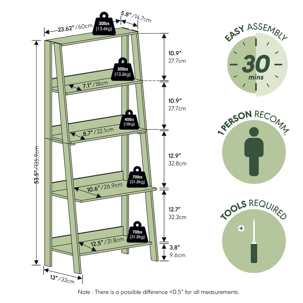 LADDER Book Shelf, 5-Tier Ladder Shelf, 13 x 23.6 x 53.5. Picture 7