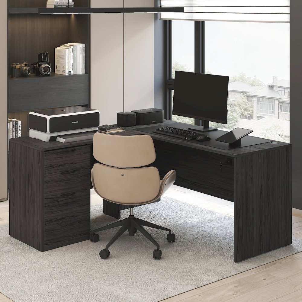 60 Inch L-Shaped Executive Desk with File Cabinet. Picture 7