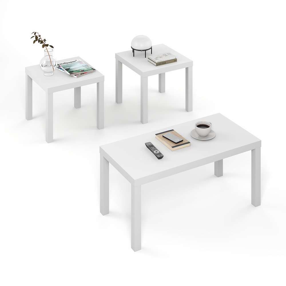 Rectangle Coffee Table with 2 Square Side Tables,  1.8 In. Thick Tabletop, White. Picture 3