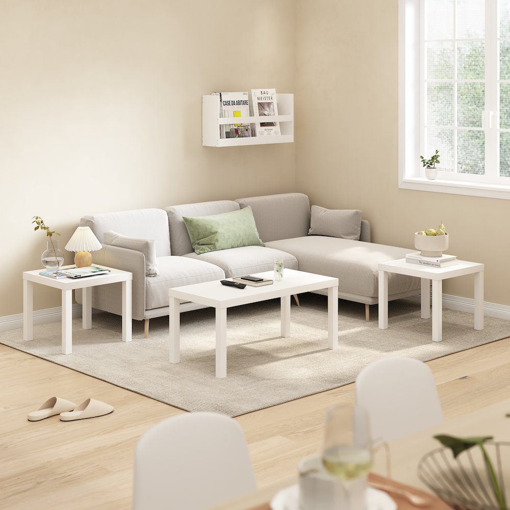 Rectangle Coffee Table with 2 Square Side Tables,  1.8 In. Thick Tabletop, White. Picture 4