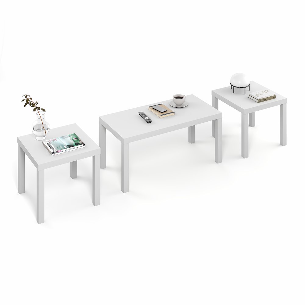 Rectangle Coffee Table with 2 Square Side Tables,  1.8 In. Thick Tabletop, White. Picture 6