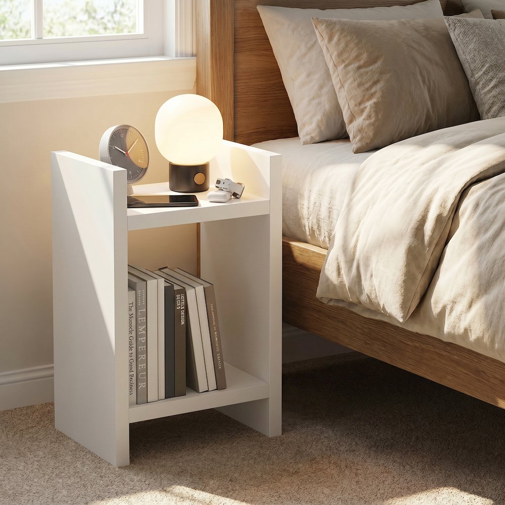 VIOLA Night Stand, 2-Tier, with 1.2-Inch Extra Thick Frame, White. Picture 2