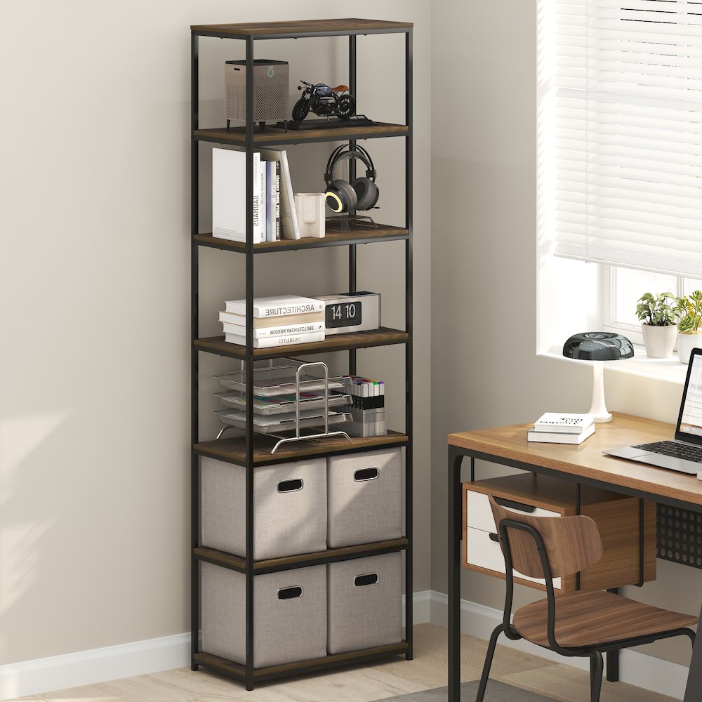SIMPLISTIC Book Shelf, 7-Tier Bookshelf, Metal Frame Bookcases, Amber Pine. Picture 2