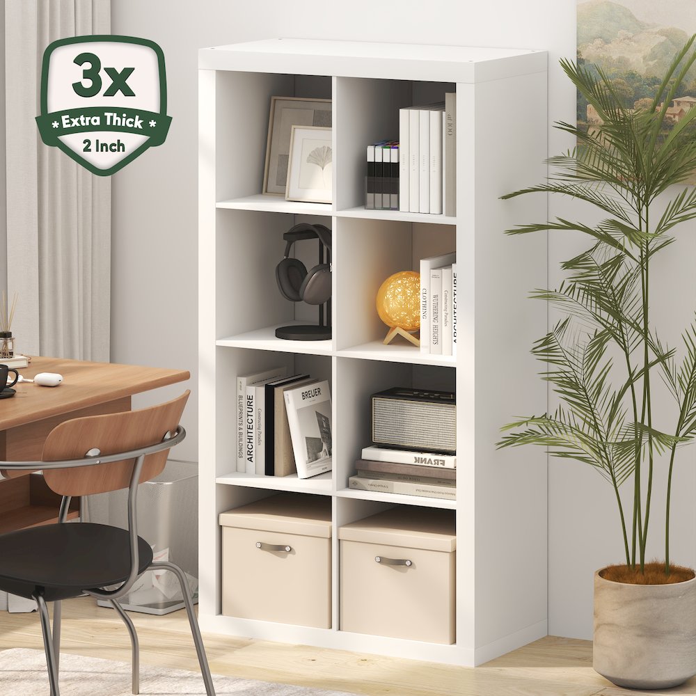 CUBICLE Book Shelf, 8-Cube 2-Inch Super Thick, Reversible Bookcase, White. Picture 2