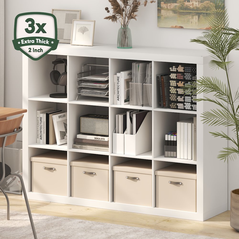 CUBICLE Book Shelf, 12-Cube 2-Inch Super Thick, Reversible Bookcase, White. Picture 2