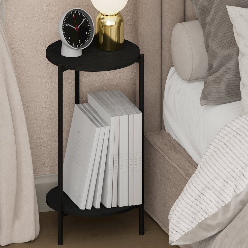 BESI Night Stand, 2-Tier Tall Round, Metal Frame Narrow End Table, Americano. Picture 2
