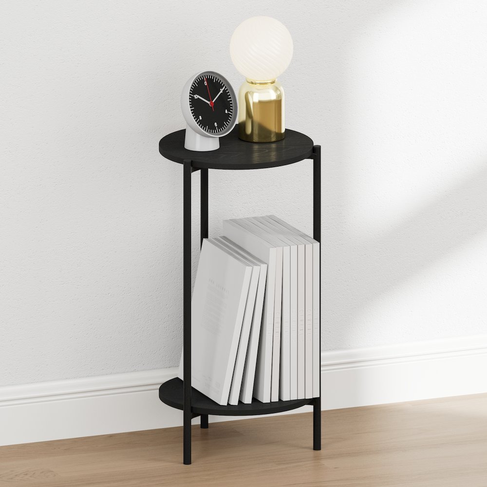 BESI Night Stand, 2-Tier Tall Round, Metal Frame Narrow End Table, Americano. Picture 1
