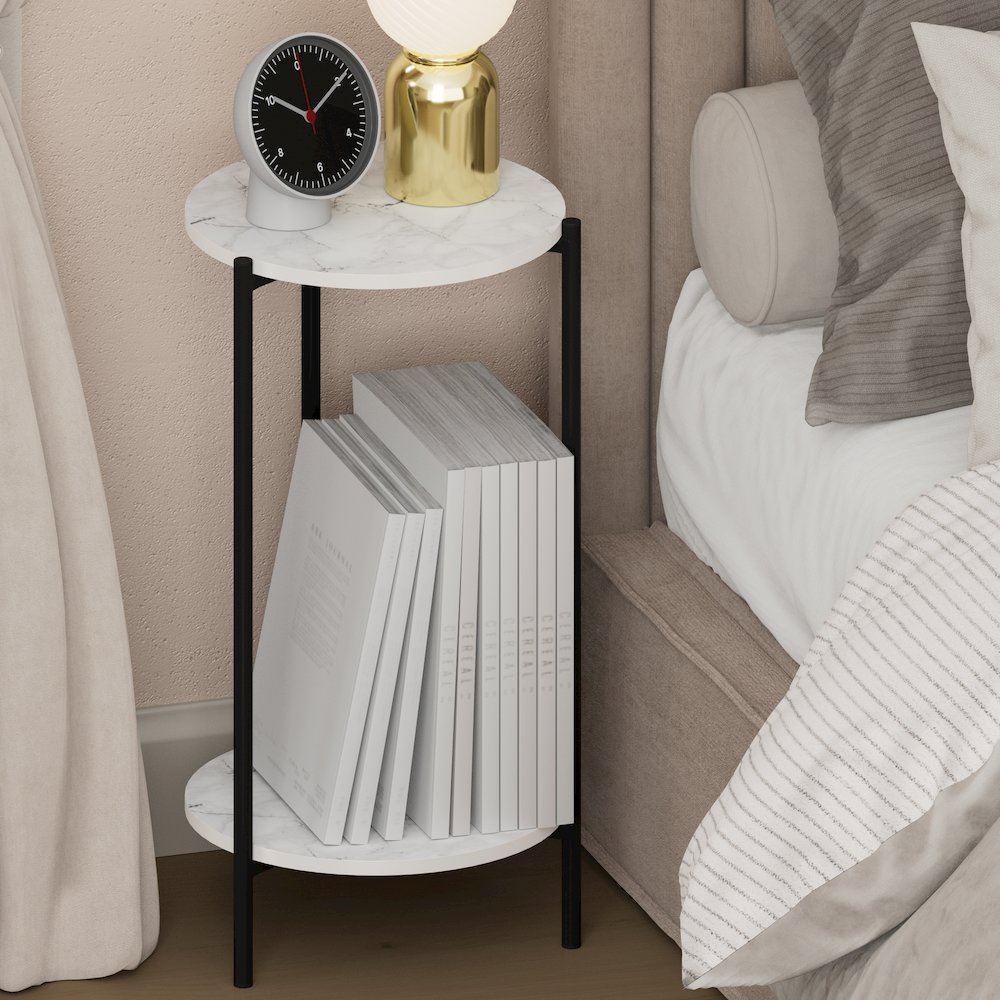 BESI Night Stand, 2-Tier Tall Round, Metal Frame Narrow End Table, Marble White. Picture 2