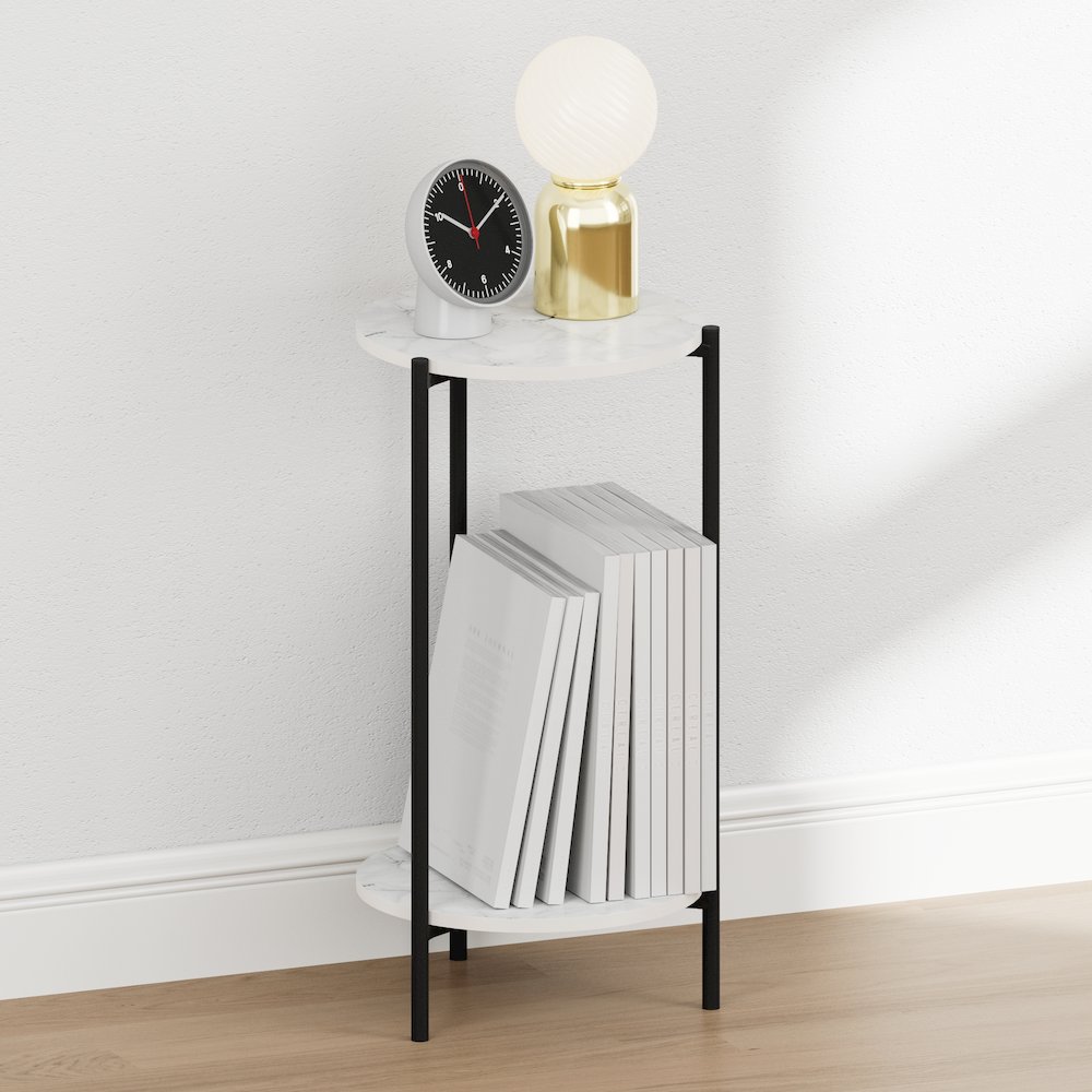 BESI Night Stand, 2-Tier Tall Round, Metal Frame Narrow End Table, Marble White. Picture 1