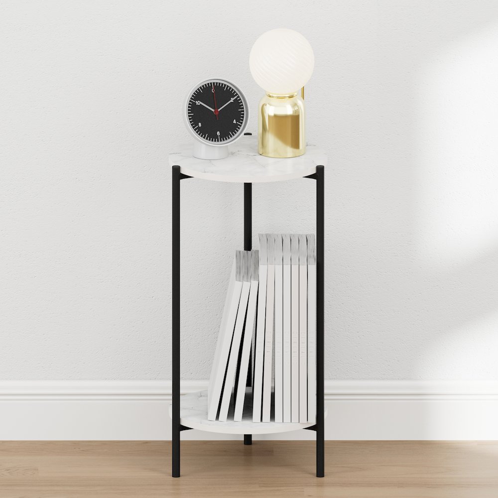 BESI Night Stand, 2-Tier Tall Round, Metal Frame Narrow End Table, Marble White. Picture 4