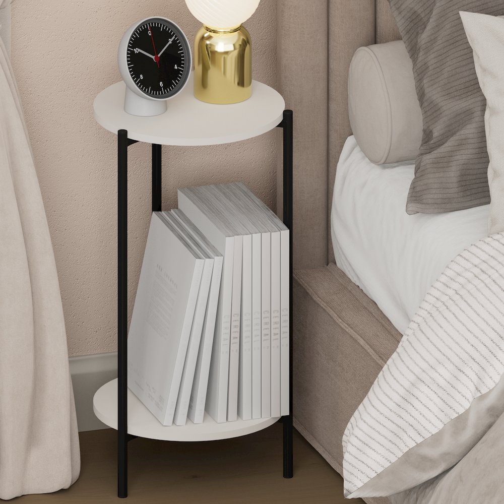 BESI Night Stand, 2-Tier Tall Round, Metal Frame Narrow End Table, White. Picture 2