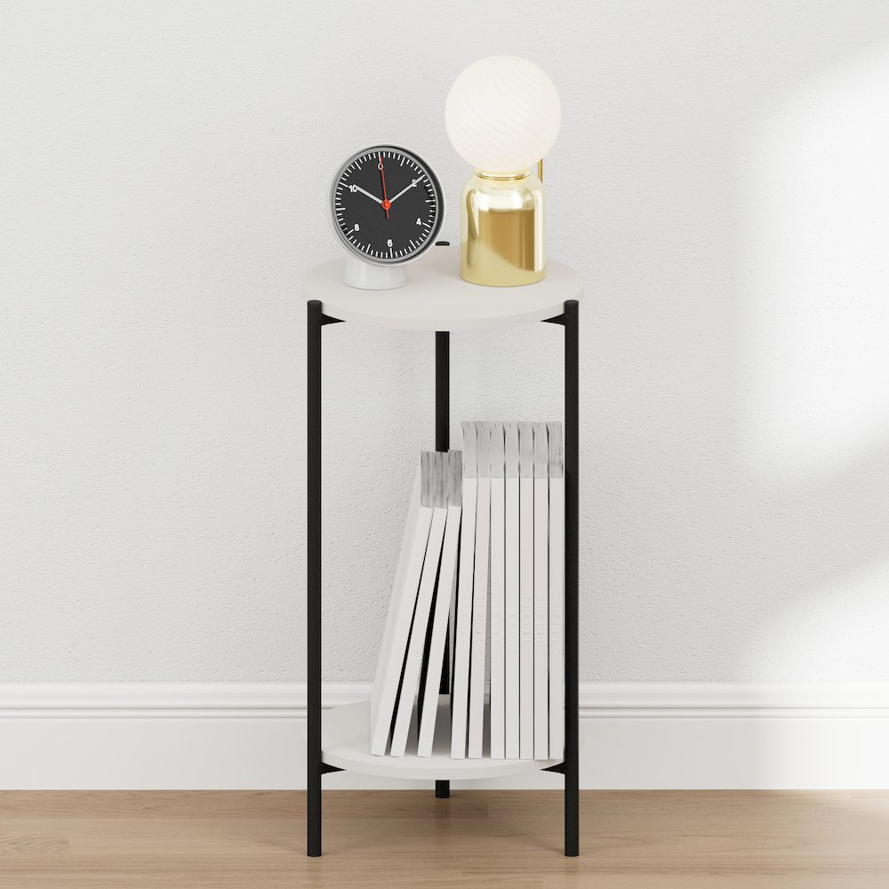 BESI Night Stand, 2-Tier Tall Round, Metal Frame Narrow End Table, White. Picture 4
