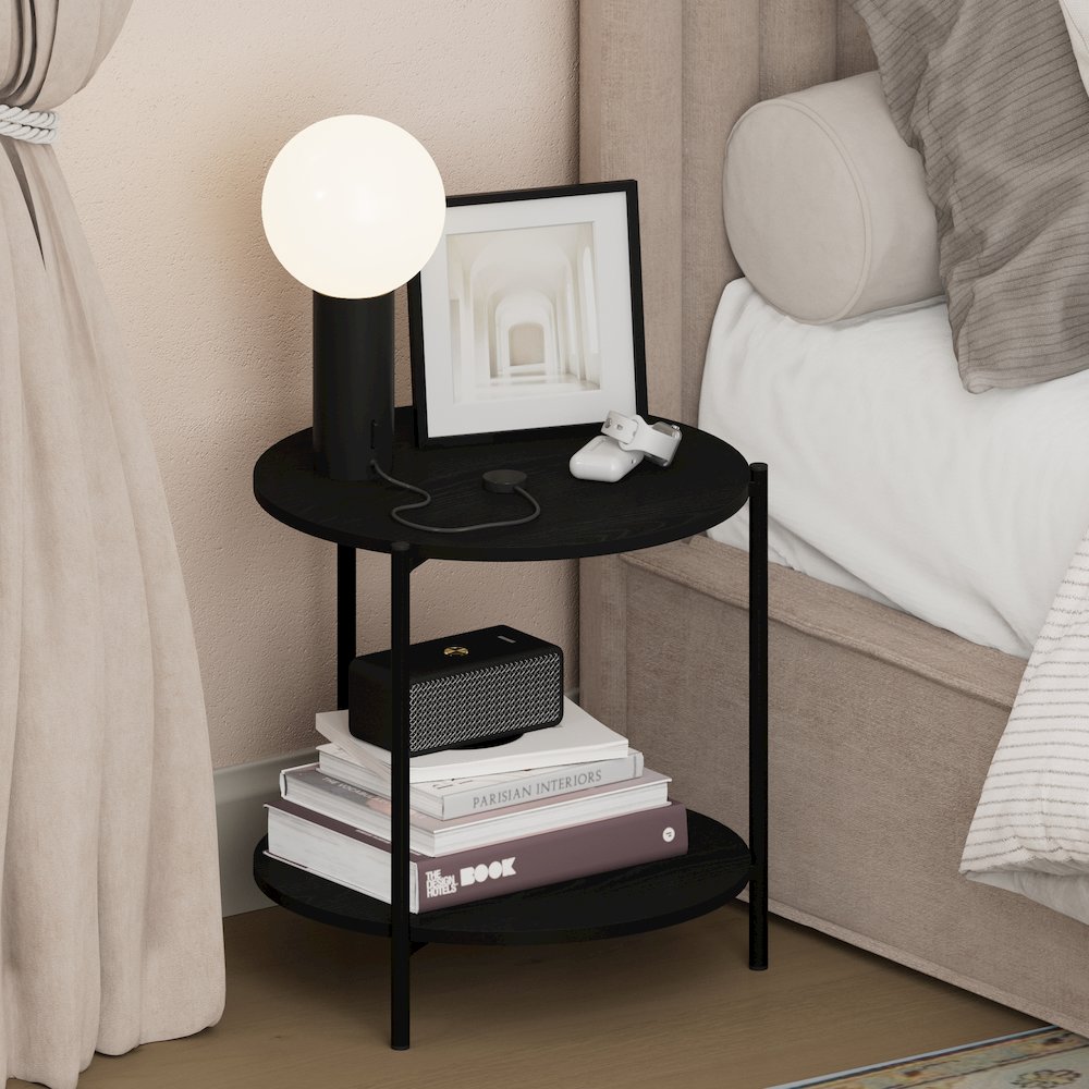 BESI Night Stand, 2-Tier Wide Round, Side Table, Americano. Picture 3