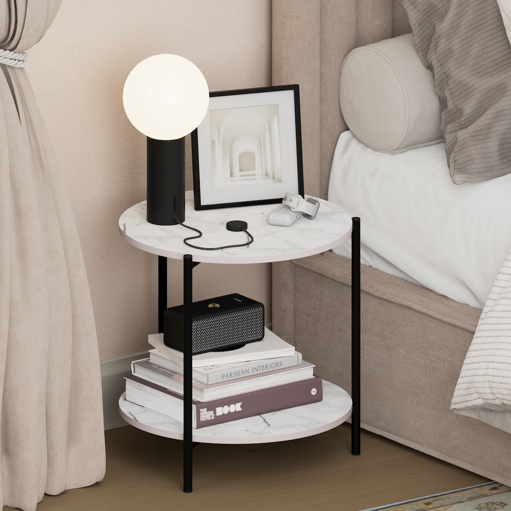 BESI Night Stand, 2-Tier Wide Round, Side Table, Marble White. Picture 3